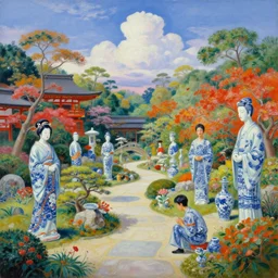 vibrant japanese garden by hieronymus bosch and james jean, ross tran, porcelain japanese mannequins, sky by damien hirst, very cohesive, serenity, hypermaximalist, 8 k, surreal oil painting, highly detailed, dream like, masterpiece
