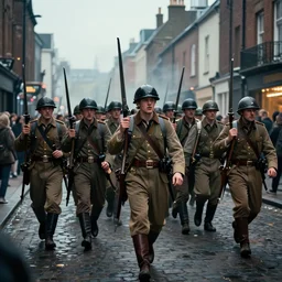 irish rebels marching down o'connell street during the 1 9 1 6 easter rising, 4 k, concept art, by wlop, ilya kuvshinov, artgerm, krenz cushart, greg rutkowski, pixiv. cinematic dramatic atmosphere, sharp focus, volumetric lighting, cinematic lighting, studio quality