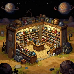 inside a store that sells junk, in a outpost, on a remote planet, from a sierra point and click 2 d graphic adventure game, set design inspired slightly by tomb raider, art inspired by [ [ [ thomas kinkade ] ] ] and [ mark keathley ]
