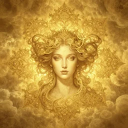 beautiful goddess with golden glow background, drawing, intricate golden fractals, symmetrical front, by amy leibowitz, wlop, jeremy lipkin, beeple, intricate, artgerm, ilya kuvshinov, golden clouds background