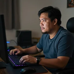 a somewhat bulky Phillipine man in his mid-20s with an unkempt and slightly bushy goatee, playing DOTA 2 in his bedroom, dimly lit, cozy atmosphere, award-winning photography