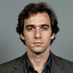 A mugshot portrait of a man who looks like Jerma985 with short length wavy hair and a slightly receded hairline, wearing mid 1980s menswear in the late 1980s, taken in the late 1980s, grainy, realistic, hyperrealistic, very realistic, highly detailed, very detailed, extremely detailed, detailed, trending on artstation, front facing, front view, headshot and bodyshot, detailed face, very detailed face