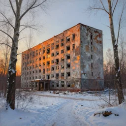 photorealistic painting of abandoned soviet brutalism building in the winter forest brom, sunset, mucha, moebius, craig mullins, juan gimenez artstation cgsociety