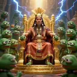 a pepe warrior shaman, sitting on a golden throne, surrounded by an army of pepe, cinematic lightning, artstation trending, matte painting, concept art, digital, octane render, 8 k