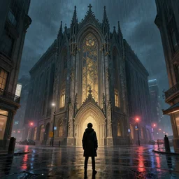 a person standing in front a brutalism looking city street, dim neon lights, lens flare, scale, night life, heavy rain, deep focus, d & d, fantasy, intricate, elegant, highly detailed, digital painting, artstation, concept art, matte, sharp focus, illustration, art by artgerm and greg rutkowski and alphonse mucha