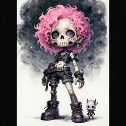 view drawing full body un magic pose, portrait of a grungy skull anime and chibi very cute doll by super ss, cyberpunk fashion, curly pink hair, night sky, looking up, by wlop, james jean, victo ngai, muted colors, highly detailed