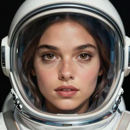 artwork by james jean and Phil noto; a close up on the face of a beautiful woman that looks like Ana de armas in a future space suit; wearing futuristic astronaut helmet; highly detailed; pretty eyes; circular black pupils; artwork by james jean and Phil noto