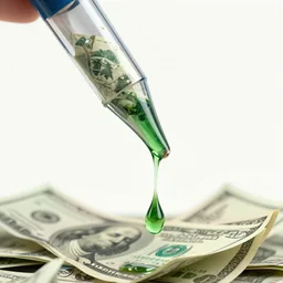 raised pipette filled with liquid dollar bills. green drop drips down, digital illustration, detailed, artsy, talented