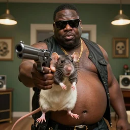 [ rat!! as biggie, gangster ] rat!!! fat!!!! obese! gangster!!, gangster rat aiming a gun at you, barrel toward towards the screen from the new intense action film, 8 k, f 1. 8