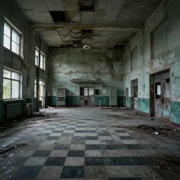 photo inside a rotting abandoned hospital with checkered tiles and no windows, horror movie set