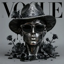 a head made out of melting metal, dark palette, it is wearing sunglasses and a hat, there are flowers all around it, black paint melting, vogue cover style, demonic style, smooth fractal style, rotten style, meaningful symbols style, brooke shaden style