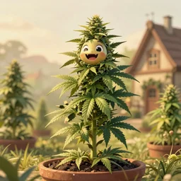 clear portrait of cannabis plant concept charakter, adorable appearance!!!, golden hour, happy apearance, cottagecore!!, background hyper detailed, character concept, full body, dynamic pose, intricate, elegant, highly detailed, digital painting, artstation, concept art, smooth, sharp focus, illustration, art by artgerm and greg rutkowski and alphonse mucha