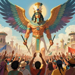 a giant enki sumerian god with wings adored by a crowd ,  illustration, by James Jean, artgerm, octane render, by John Coltrane and Marc Simonetti, Manic, inspired by Greg rutkowski, colorful, high detail of the face, full body