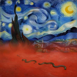 starry night on mars, red dust, snakes, dim distant light, towers, painting by van gogh