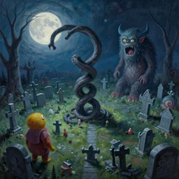 a beautiful painting of a twisted surreal aaahh!!! real monsters cemetery during a full moon by james gurney and beeple | seen from above | establishing shot | unreal engine :. 3 | es