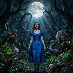 scared jenny barnes blue cocktail dress, on arkham horror background at night, evil fluid, lush plants, insane, giant tentacles, lovecraft, full bloody moon, light rays, gnarly trees by tom bagshaw, mucha, gaston bussiere, craig mullins, j. c. leyendecker 8 k