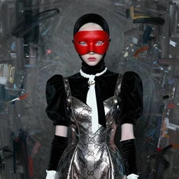 sad albino model dressed in a metalic gucci dress, beautiful face and eyes, red mask on her face, black velvet fabric, highly detailed, white accents, cel shaded, cinematic shot, trending on artstation, high quality, detailed and chaotic background, brush strokes all over, by tom bagshaw and jama jurabaev