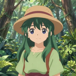 a roset conrad of reimu in the jungle wearing bonnet