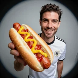 a promo portrait of mikel arteta holding a delicious hot dog with mustard and ketchup up to the camera, happy, hyper detailed, fisheye lense, reuters