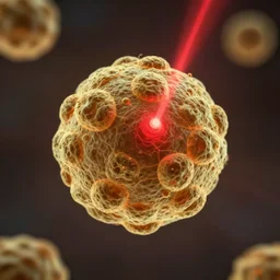 a ball of gold nanoparticles, illuminated by a red laser beam