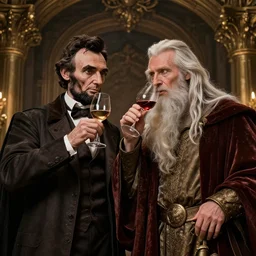 abraham lincoln and gandalf drinking wine, fairy tale, stunning, surrounding cinematic light, hyper detailed, ornate and intricate, 4 k cinematic octane render