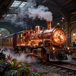 A glowing electrical Steampunk train in a victorian museum, james gurney, cinematic lighting, lots of steam and sparks, wires made of copper, artstation, vibrant nature, Tuomas Korpi, tekkon kinreet, volumetric light, artstation, , octane render, redshift render, low angle camera, rich deep moody colors