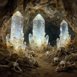 a cave with huge glowing crystals in the walls and piles of bones on the floor, art by eduardo pena