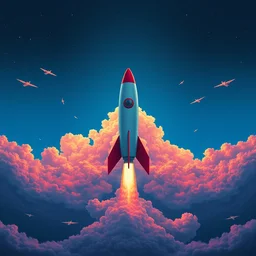 a frontal drawing of a rocket centered with a dark blue background and colorful clouds by takashi murakami, beeple and james jean, aya takano color style, trippy, 8 k, super detailed, night sky, digital art, digital painting, clean