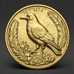 a gold coin depicting a stoic crow!! within a circle of feathered reef, attack profile angle, centered on family crest! shield, coat of arms!, pencil and ink, very detailed, artstation, full frame, dramatic shading, jonathan pointer, janie penny,