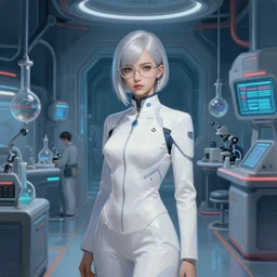 a scientist girl with silver hair wearing white suit and glasses, inside a science facility, cyberpunk style by artgerm, wlop, and krenz cushart, painterly