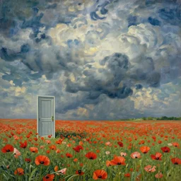 nun side view at poppy field. there is a door in the sky by beksinski van gog hyperrealism detailed masterpiece doomy expressive epic dramatic cinematic