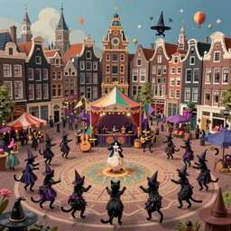 A bustling magical town with witches and black cats dancing around a colorful music festival in its center, inspired by Victorian England and Amsterdam, concept art, matte painting, trending on art station, ultra high quality, masterpiece