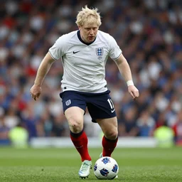Boris Johnson playing football for England, photorealistic