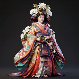 wide angle full body portrait shot of a beautiful japanese samurai wearing ornaments of flowers, flowing colourful elegant clothes, highly detailed face, detailed iridescent eyes, alphonse white datura, rhads, artstation, fkey, octane render, 1 6 k