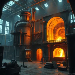 a fantasy factory, with metal melting furnace and immense forge, realistic shaded lighting poster by craig mallismo, artgerm, jeremy lipkin and michael garmash, unreal engine, radiant light, detailed and intricate environment, digital art, art station trends