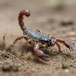 action photography, long shot, award winning macro photo of a tiny ultra detailed muddy dinosaur scorpion running fast in mud, dirt and dust, fast shutter speed, motion blur, tiny gaussian blur, highly detailed, highly intricate, depth of field, national geographic