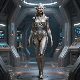 portrait of a beautiful female eldar in a spaceport, d & d, fantasy, full body, intricate, muscular, highly detailed, digital painting, artstation, concept art, smooth, sharp focus, illustration, art by simon bisley and greg rutkowski and alphonse mucha, t - pose, 8 k