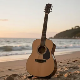 a photo of an acoustic guitar on a beach at sunset