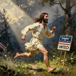 jesus christ running for president of the united states ; slice of life ; norm rockwell painting