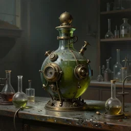 a painting of a complex mechanical steampunk dark green olive potion bottle on a counter in a dark dusty vintage science lab, by h. r. giger, hyperrealistic fantasy art, concept matte, ethereal, dreamy, digital art, trending on artstation, volumetric cinematic lighting
