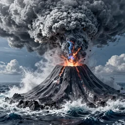 a 3D render of a Tsunami hitting Tonga after underwater volcanic eruption