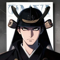 1 9 7 9 omni magazine cover of neo in a samurai hat. piercing gaze. simple stylized cyberpunk photo by josan gonzalez.