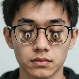 sad man wearing glasses, brown bear in reflection ( eos 5 ds r, iso 1 0 0, f / 8, 1 / 1 2 5, 8 4 mm, postprocessed,, crisp face, facial features )
