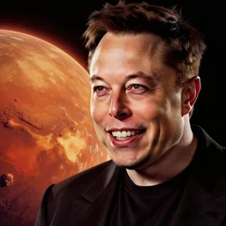 movie poster of elon musk as a villain who looks at the planet mars with a macabre smile, his face is illuminated with a red light, drew struzan style