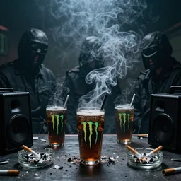 photo realistic, cinematic, detailed, room full of smoke, three dark figures, energy drink, ashes, ash trays, cigarettes, smoke, speakerboxes