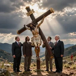 polish president andrzej duda helping jesus carry cross