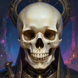 closeup portrait of a skull character in a scenic dystopian neon environment, intricate, elegant, highly detailed, centered, digital painting, artstation, concept art, smooth, sharp focus, illustration, artgerm, tomasz alen kopera, peter mohrbacher, donato giancola, joseph christian leyendecker, wlop,