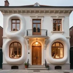 façade of an elegant three-storey 19th-century house with soft, smooth bulbous shapes protruding like wooden lava from the front door and lower windows, surreal, installation art reimagined by industrial light and magic