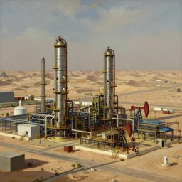 detailed cinematic high angle shot of oil refinery power plant in the arabian desert, spring light, painting by gaston bussiere, craig mullins, j. c. leyendecker