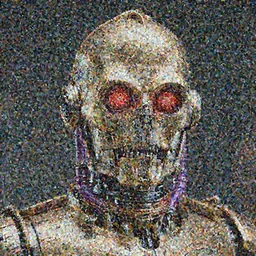photo of a menacing evil villain robot, glowing dark red eyes, metal teeth, purple tubes, striking, Terminator, Ultron, sci-fi, detailed face, 8k C-3PO